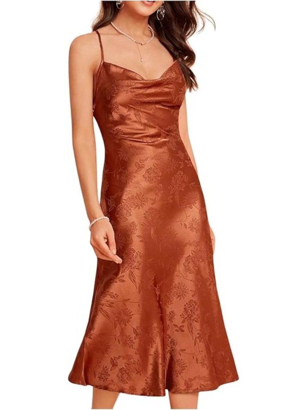 Floerns Women's Spaghetti Strap Cowl Neck Long Slip Midi Dress Rust Brown, Large